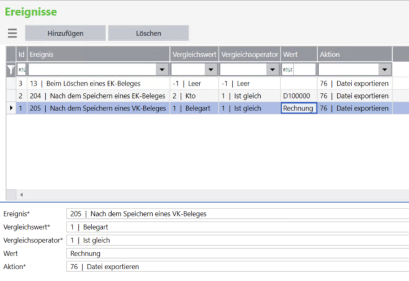 "Benutzerdefinierte Ereignisse": Automatischer CSV-Export bei bestimmten Ereignissen (z. B. Speichern eines Belegs)